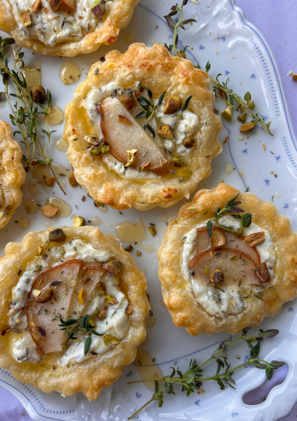 Lavender Goat Cheese Tarts with Pear, Honey & Pistachios