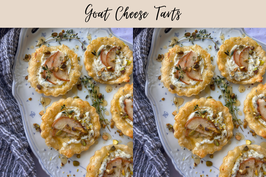 Lavender goat cheese tartlets with pears, honey, and pistachios served on a platter