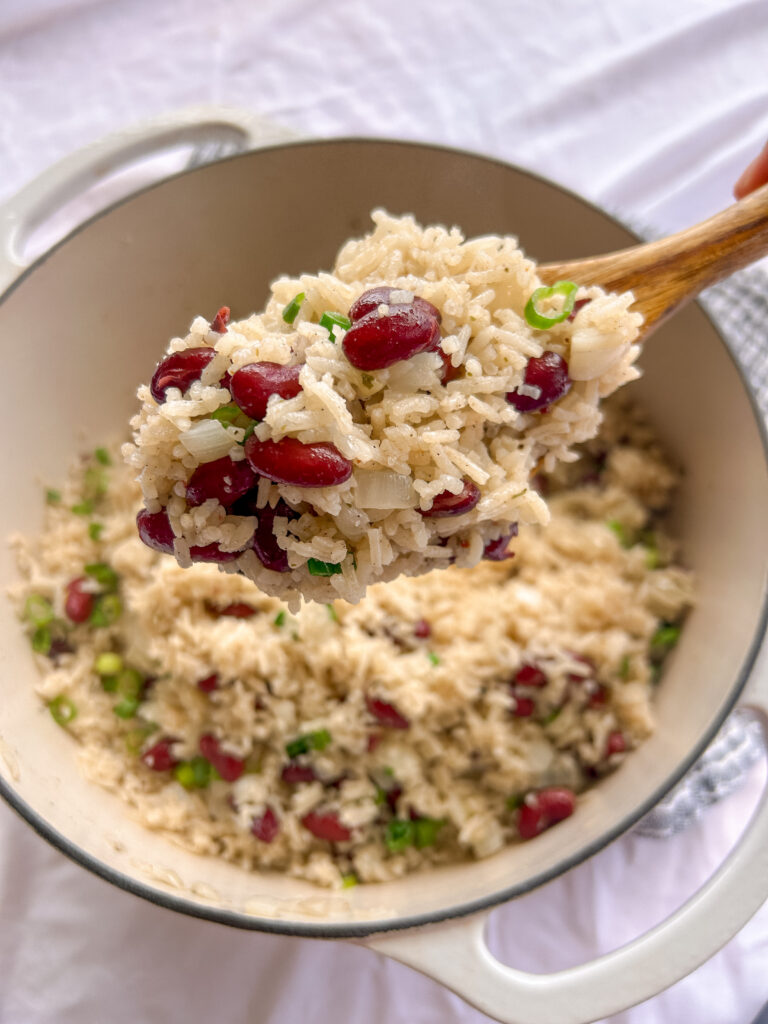Close up of fluffy Jamaican rice and peas with coconut milk and kidney beans