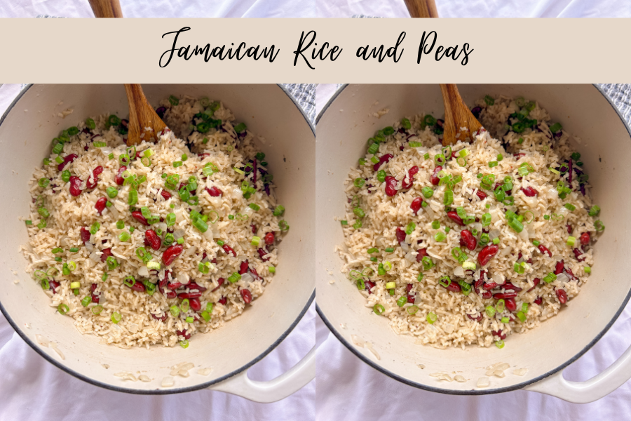 Jamaican rice and peas made with coconut milk, kidney beans, and Jamaican seasoning