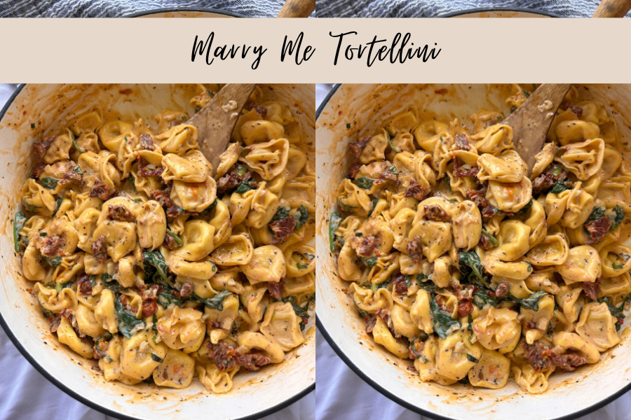 Marry Me Tortellini made with cheese tortellini, Parmesan cheese, sun-dried tomatoes, spinach, and Italian seasoning