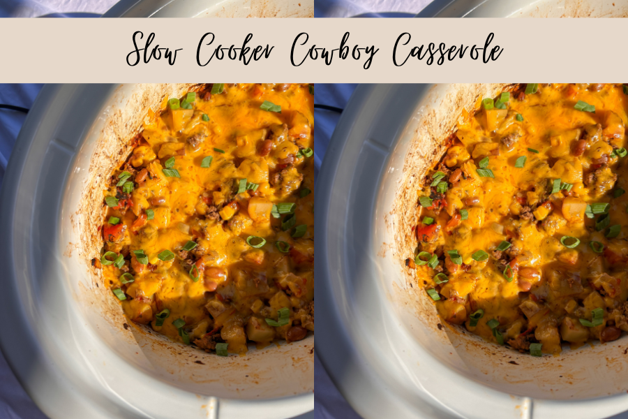 Slow cooker cowboy casserole made with ground beef, potatoes, pinto beans, corn, and melted cheddar cheese