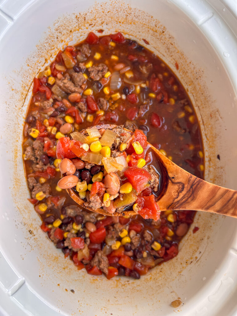 Slow cooker taco soup fully cooked and ready to serve
