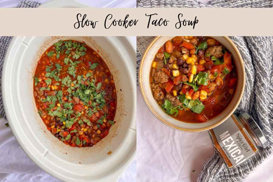 Slow cooker taco soup made with ground beef, beans, corn, tomatoes, and Mexican seasoning