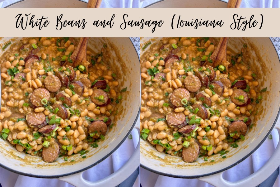 White beans and sausage made with andouille sausage, Cajun seasoning, and fresh herbs