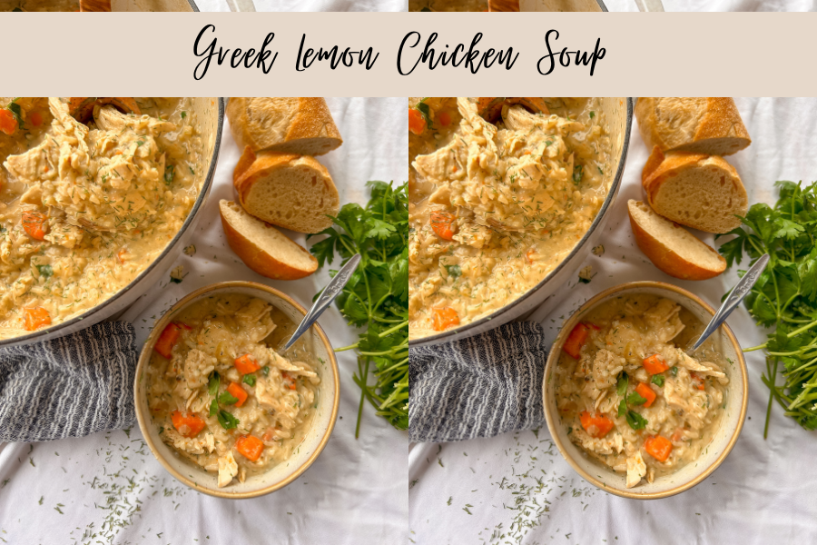 Bowl of authentic Greek lemon chicken soup served with fresh herbs and lemon wedges
