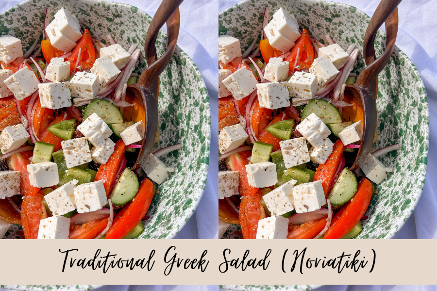 Authentic Traditional Greek Salad served with fresh vegetables, feta cheese, and Kalamata olives