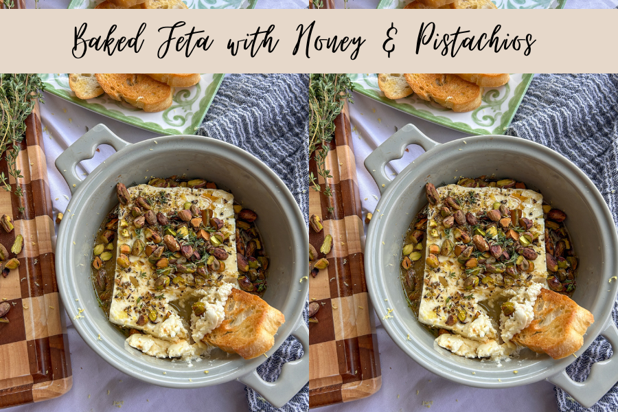 Greek baked feta appetizer with honey and pistachios served warm in a baking dish.