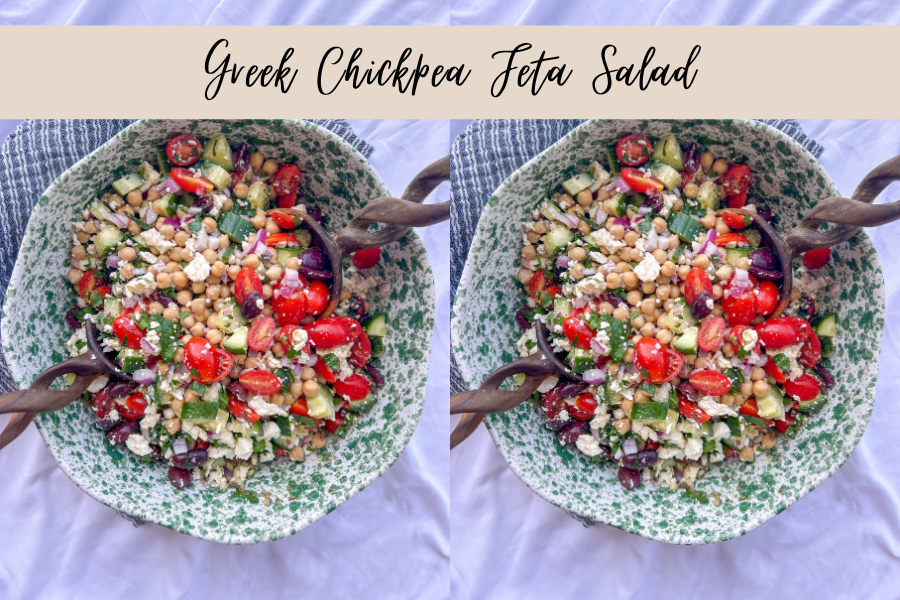 Easy Greek chickpea feta salad made with fresh vegetables and homemade Greek vinaigrette
