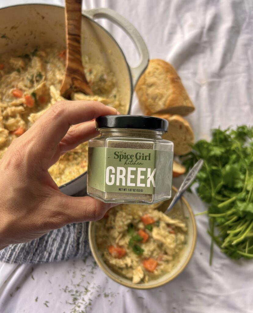 The Spice Girl Kitchen Greek Seasoning used to flavor authentic Greek lemon chicken soup