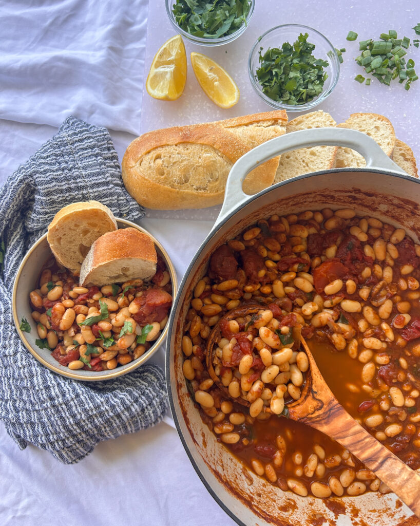 Bowl of authentic Loubia, a traditional Moroccan white bean stew made with cannellini beans in a rich tomato broth