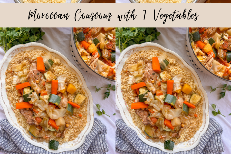 Traditional Moroccan couscous with chicken, seven vegetables, chickpeas, and fresh herbs