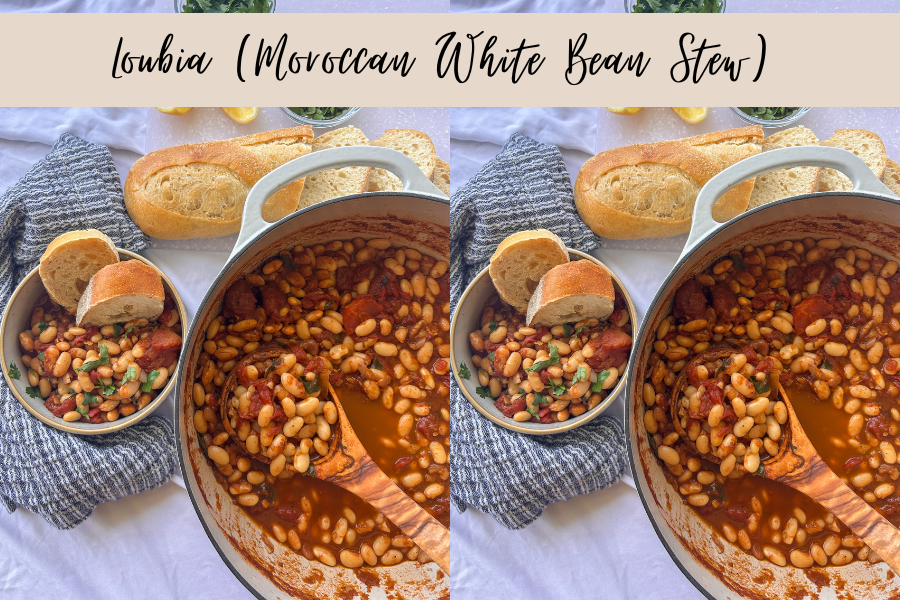 Moroccan white bean stew topped with fresh herbs and served with crusty bread