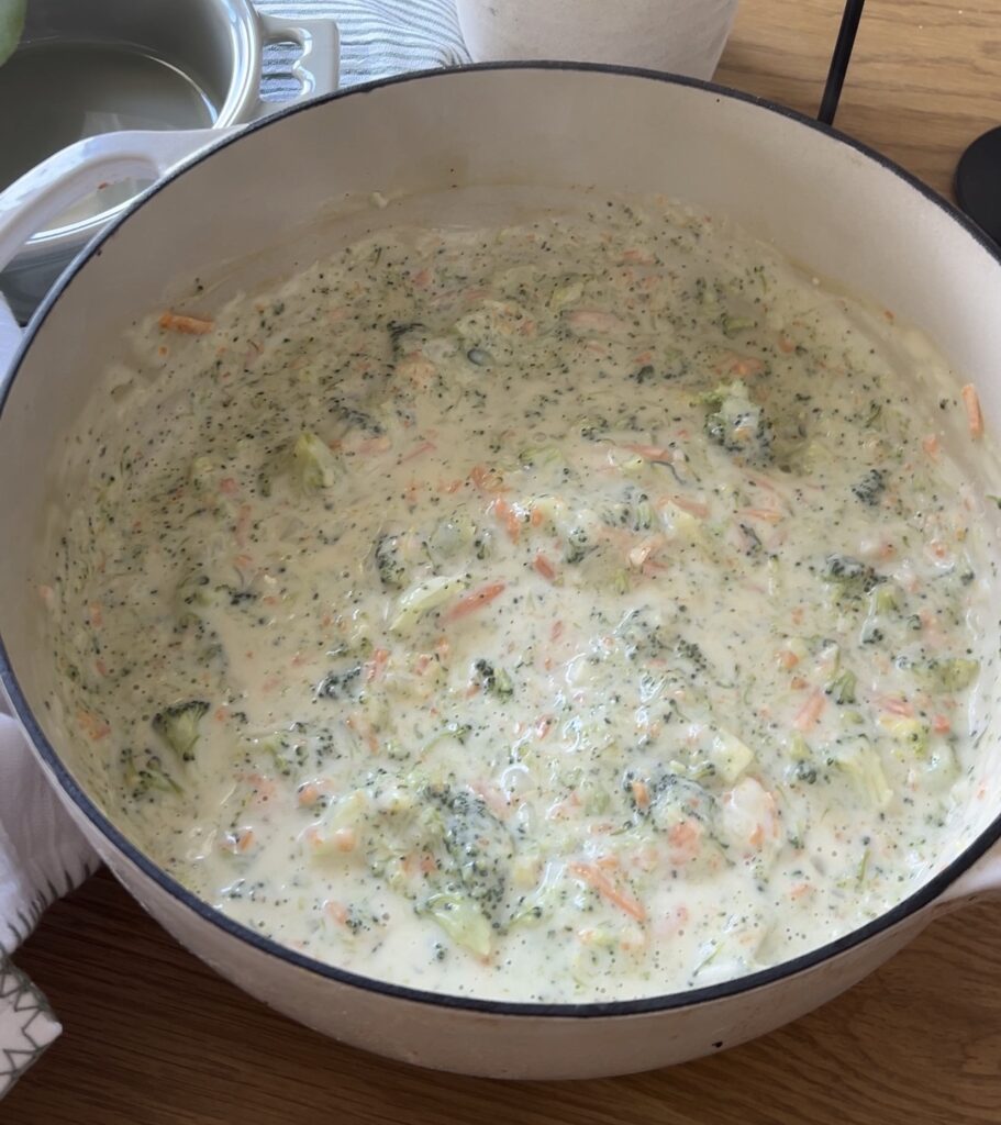 Broccoli cheddar soup partially blended with an immersion blender