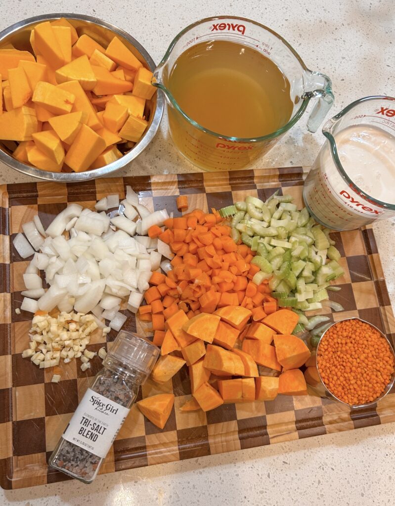 Ingredients for creamy butternut squash soup with red lentils