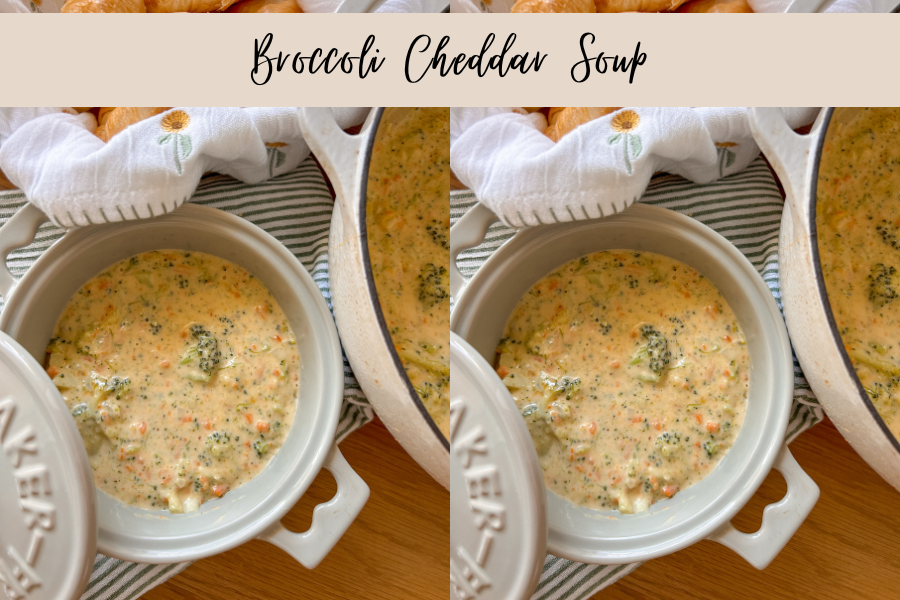 Copycat Panera broccoli cheddar soup served with a crispy sandwich