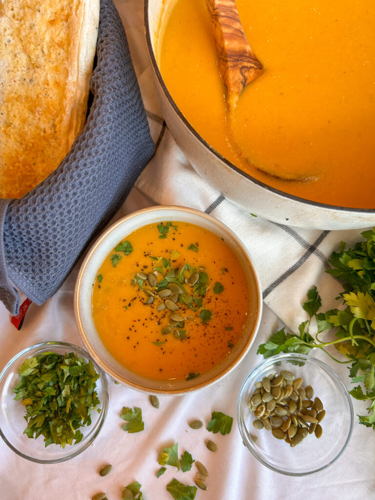 Creamy butternut squash soup with red lentils and coconut milk