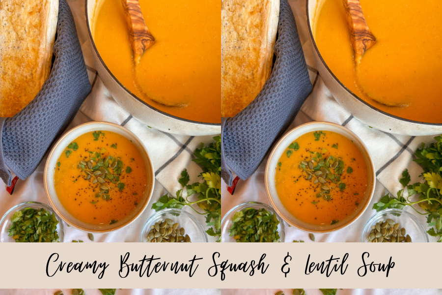 Smooth creamy butternut squash soup with red lentils