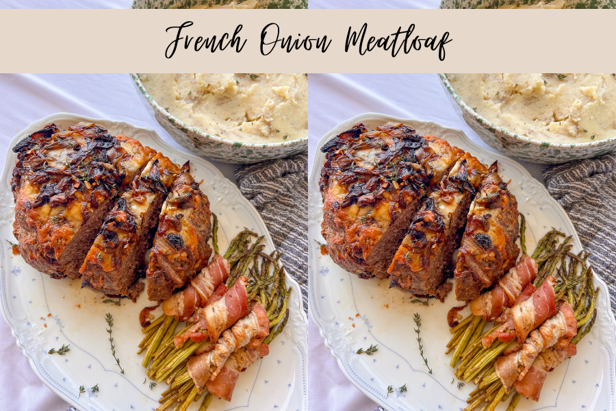 Sliced French onion meatloaf with caramelized onions and bubbly Gruyère cheese