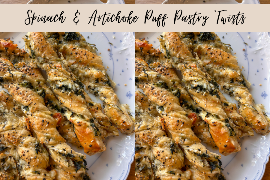 Golden puff pastry twists filled with spinach and artichokes