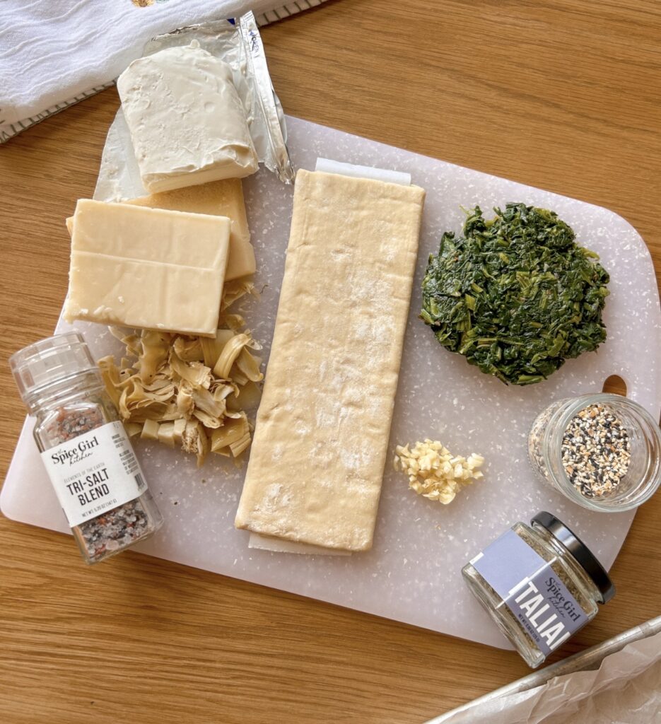 Ingredients for spinach artichoke puff pastry twists