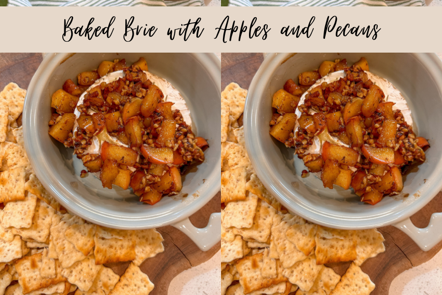 Warm baked Brie topped with caramelized apples and pecans