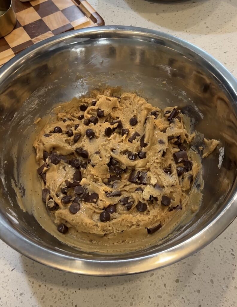 Thick brown butter chocolate chip cookie dough with milk and dark chocolate chips