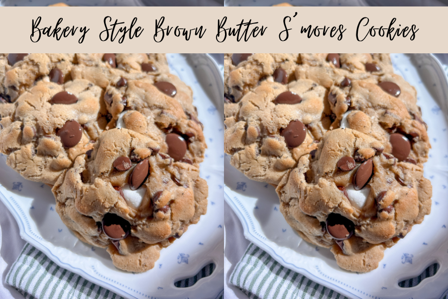 Thick and chewy brown butter s’mores cookies stuffed with marshmallow, chocolate and graham crackers