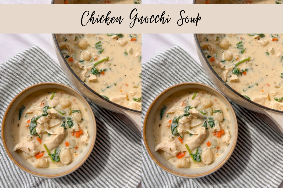 Chicken gnocchi soup with tender chicken and spinach in a creamy herb broth