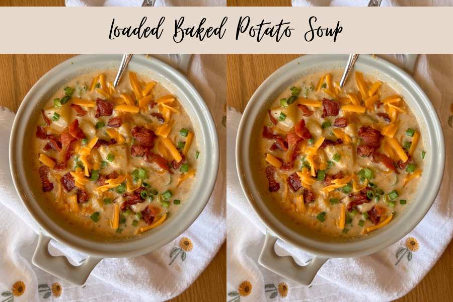 Thick and creamy loaded baked potato soup with bacon and cheddar
