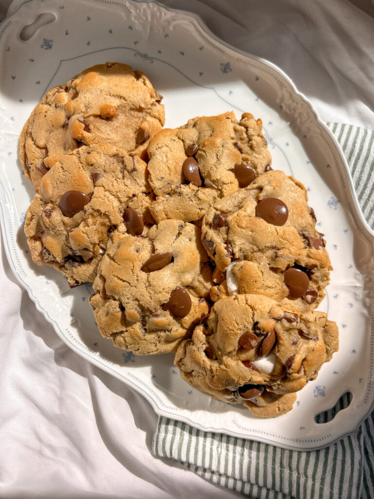Bakery style brown butter s’mores cookies served on a plate