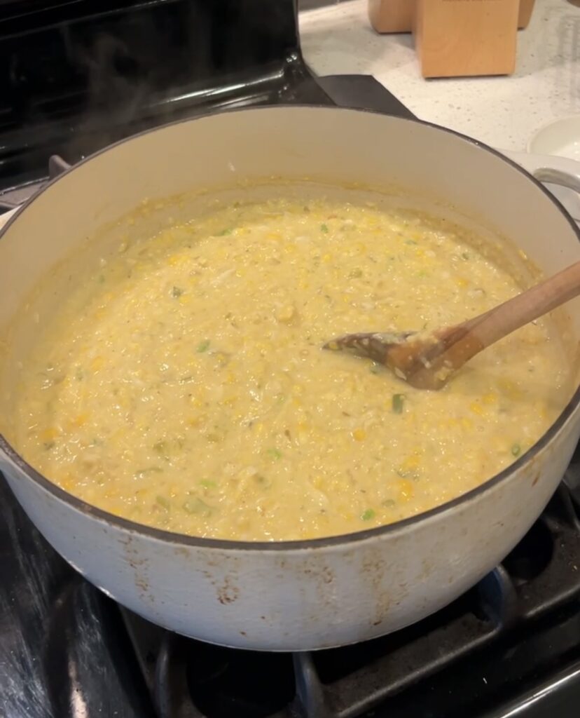 Lump crab folded into the creamy corn bisque at the end of cooking.