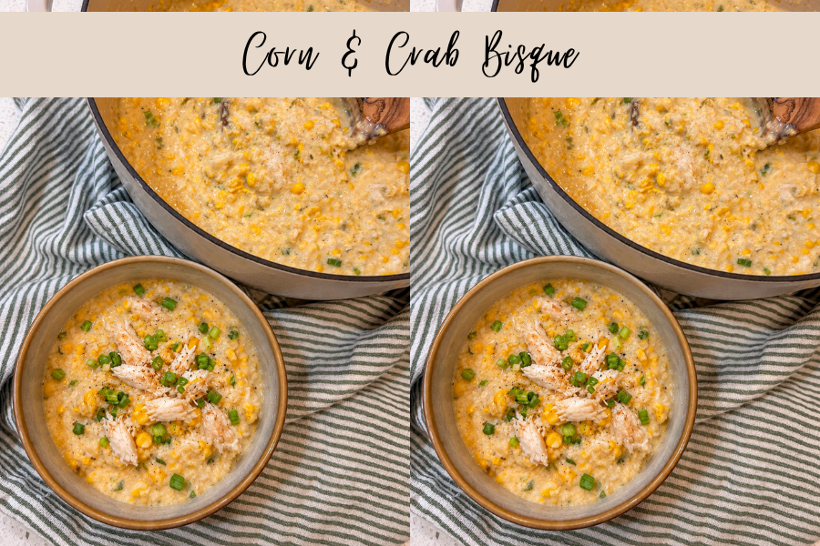 Creamy Cajun corn and crab bisque with sweet corn kernels and lump crab.