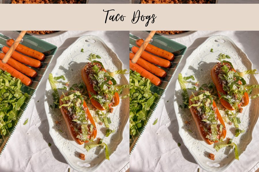 Easy loaded taco dogs topped with Mexican-spiced ground beef, melted cheese, fresh lettuce, and salsa verde.