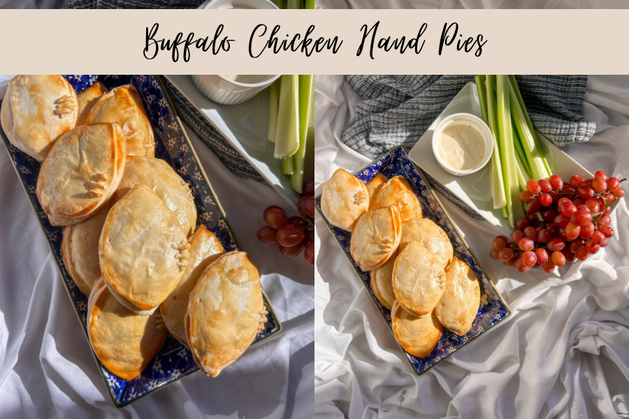 Golden brown buffalo chicken hand pies stuffed with shredded chicken, buffalo sauce, and melted cheese.