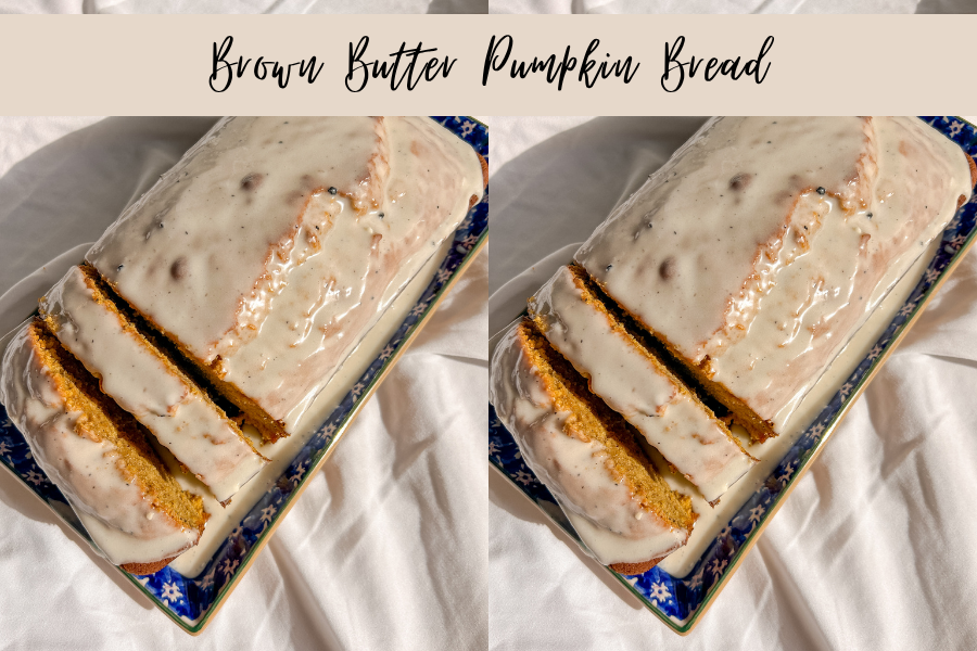 Homemade pumpkin bread with browned butter, warm cinnamon, and sweet maple bourbon glaze.