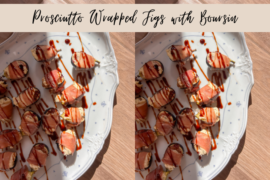 Baked prosciutto wrapped figs with Boursin and balsamic glaze served as an easy appetizer.
